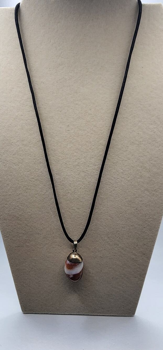 Banded Agate Stone Pendant Necklace Brown White Silver Tone 18" Cord